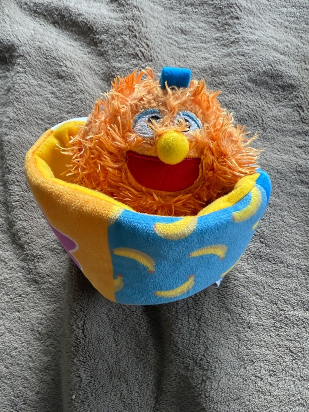 Plush Orange Fuzzy Character in Blue & Yellow Cozy Pod - Kids Toy